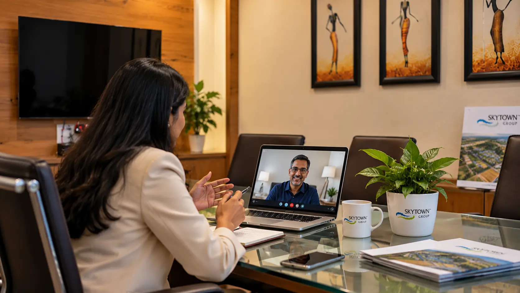 NRI client in a video consultation with a SkyTown advisor