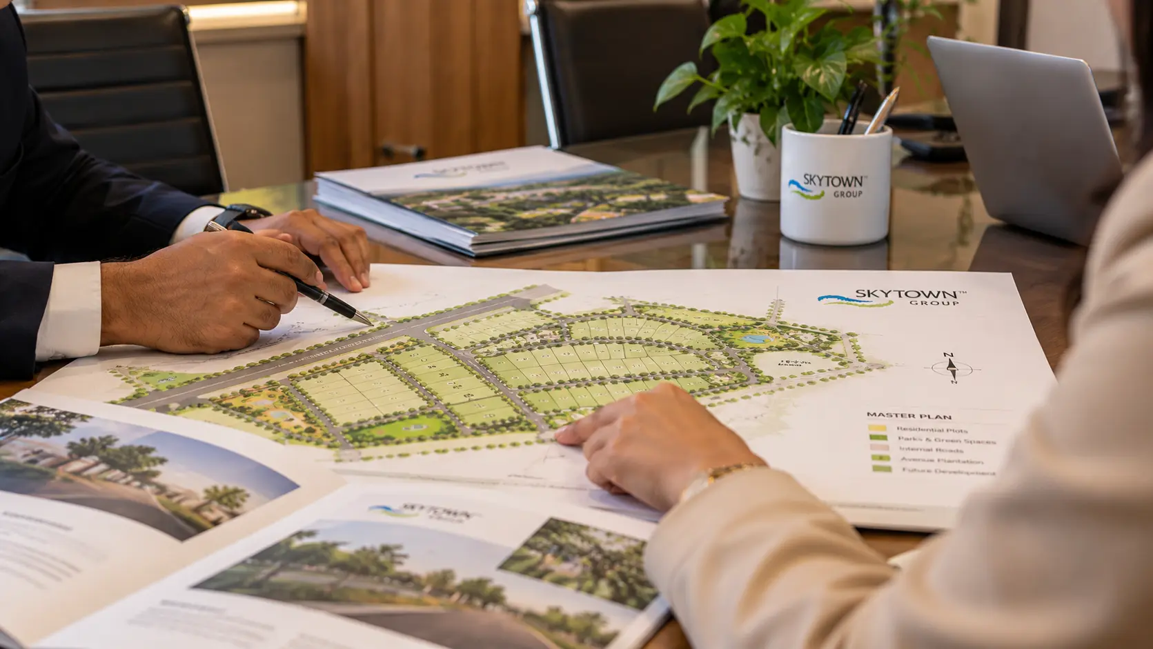 Architectural layout drawings on a desk